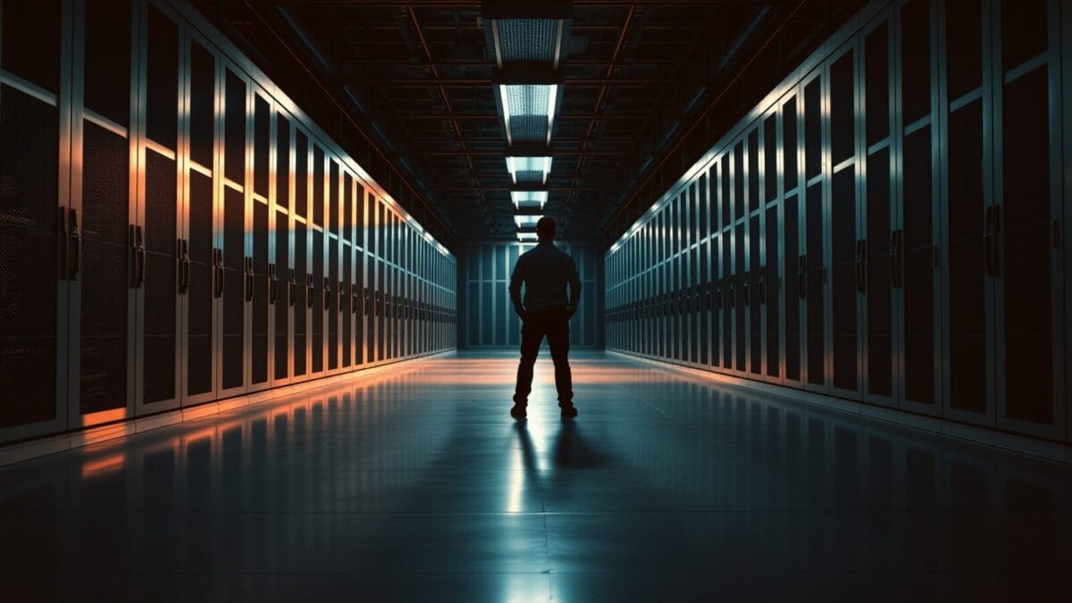 Salle de serveurs vide au crépuscule, silhouette d'un technicien de dos au fond de l'allée.