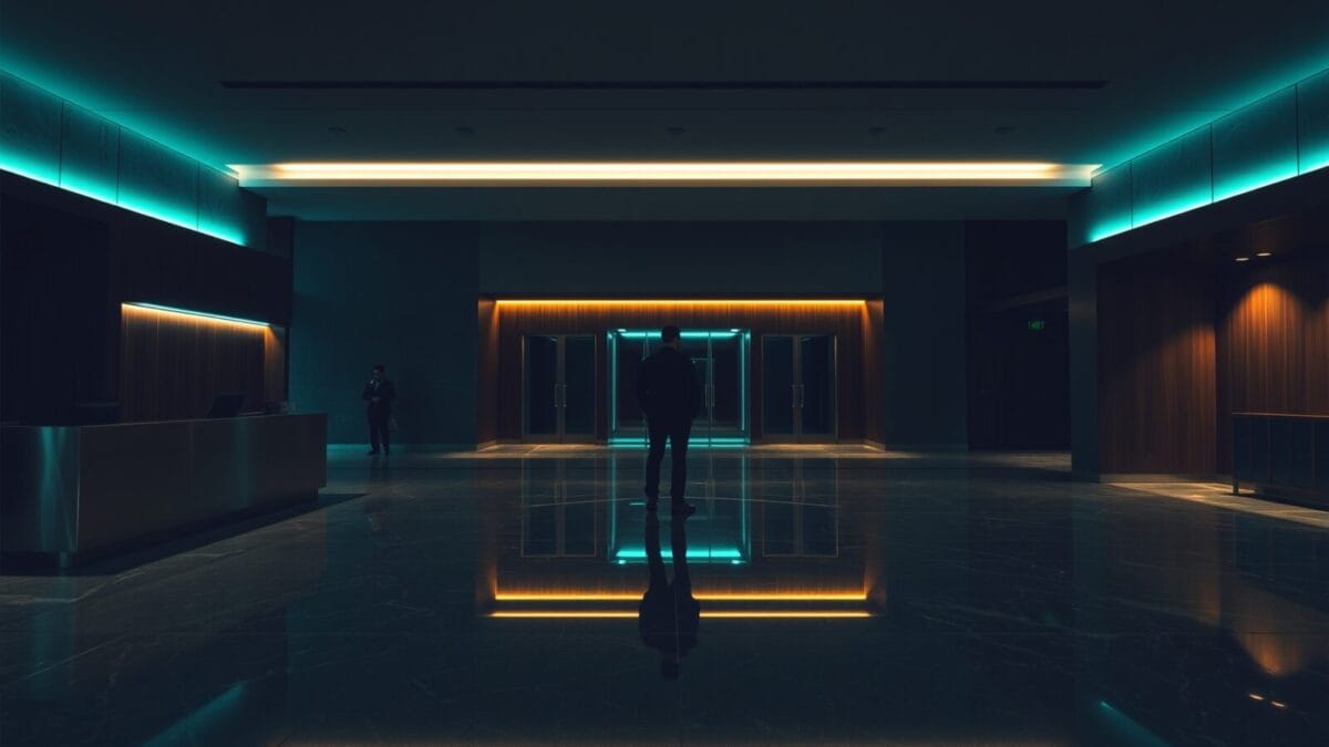Hall d'entreprise vide au crépuscule, silhouette de dos au loin, sols en marbre et lumière verte.