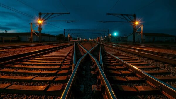 Aiguillage ferroviaire au crépuscule, deux voies d'acier qui bifurquent sur du béton usé.