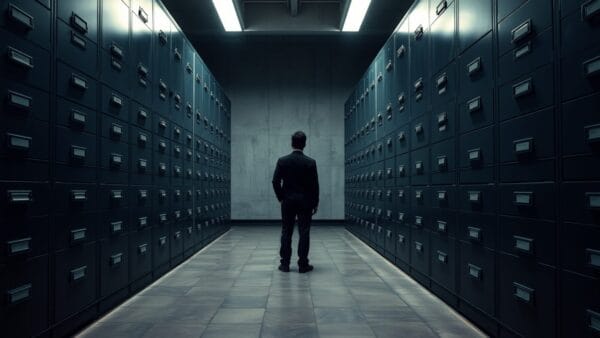 Rangée d'armoires d'archives en acier verrouillées, un tiroir entrouvert, silhouette d'archiviste au loin de dos.