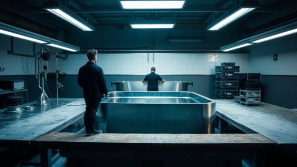 Cuve métallique d'immersion et bras mécaniques dans un atelier, technicien de dos au loin.