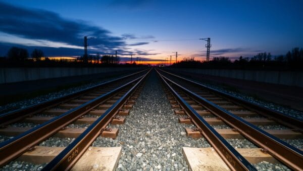 Une bifurcation de rails d'acier au crépuscule, deux voies se séparant dans une lumière froide.