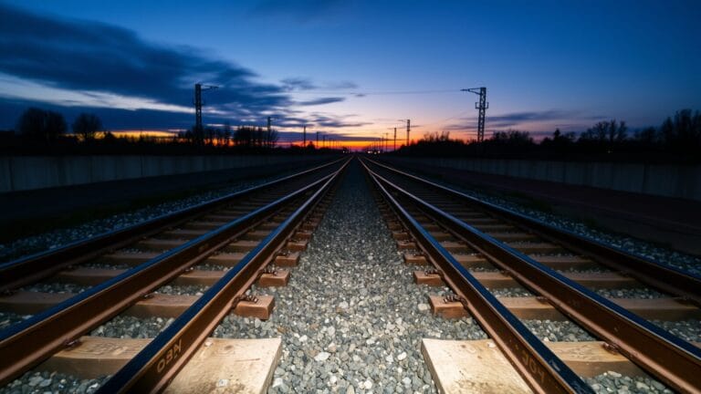 Une bifurcation de rails d'acier au crépuscule, deux voies se séparant dans une lumière froide.