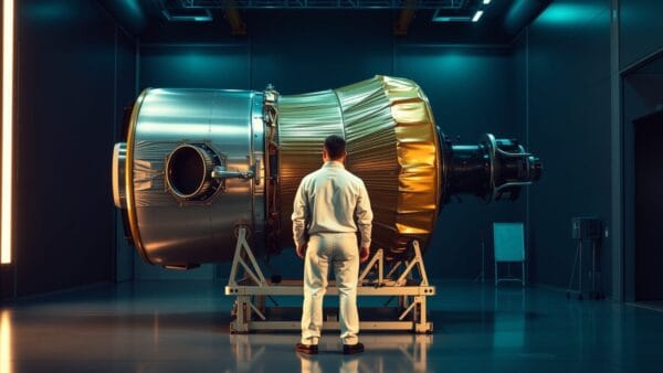 Un grand télescope spatial en assemblage dans une salle blanche, technicien de dos à distance.