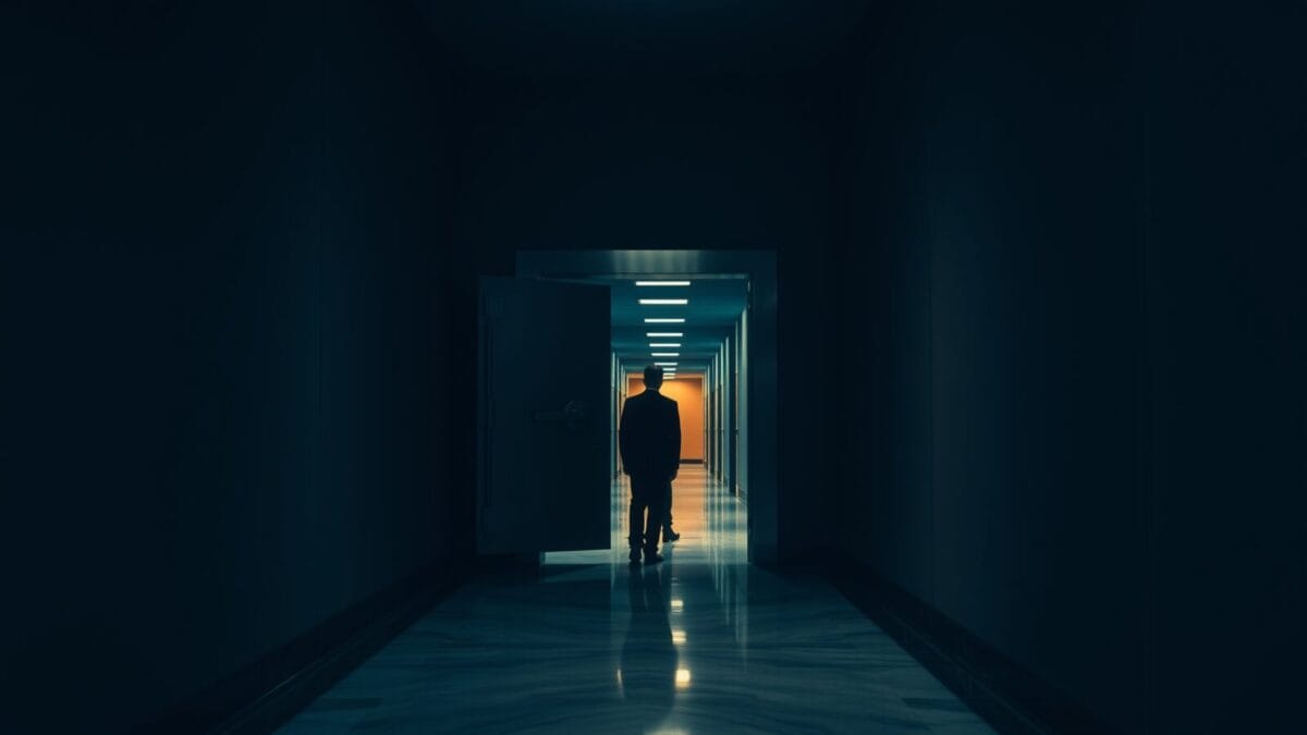 Porte de coffre en acier entrouverte au bout d'un couloir sombre, silhouette de dos au loin.
