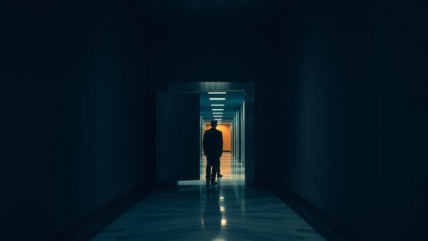Porte de coffre en acier entrouverte au bout d'un couloir sombre, silhouette de dos au loin.