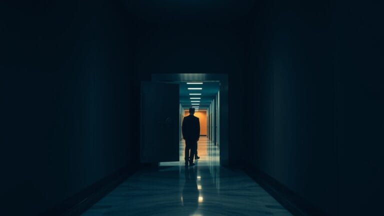Navigateurs IA : LayerX prouve que les garde-fous sont un mirage. 11 Porte de coffre en acier entrouverte au bout d'un couloir sombre, silhouette de dos au loin.