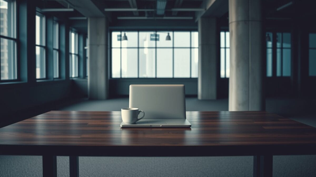 Neo : Bhavin Turakhia mise 30 M$ contre Microsoft Office 1 Bureau épuré avec ordinateur portable fermé dans un espace de travail vide et silencieux.
