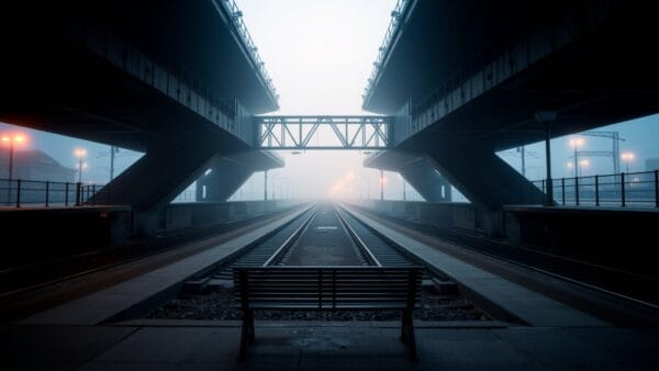 Une bifurcation de voies ferrées se séparant dans la brume au petit matin, sans présence humaine.
