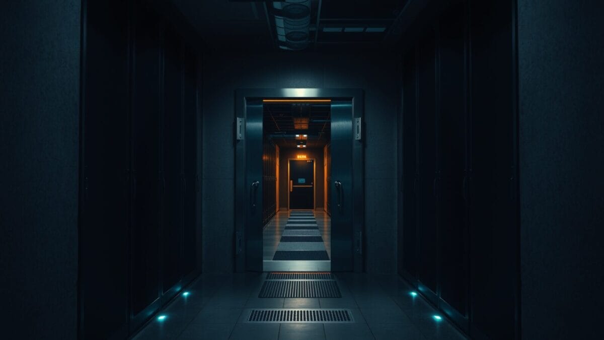 Porte de sécurité en acier entrouverte au bout d'un couloir de serveurs plongé dans l'ombre bleutée.