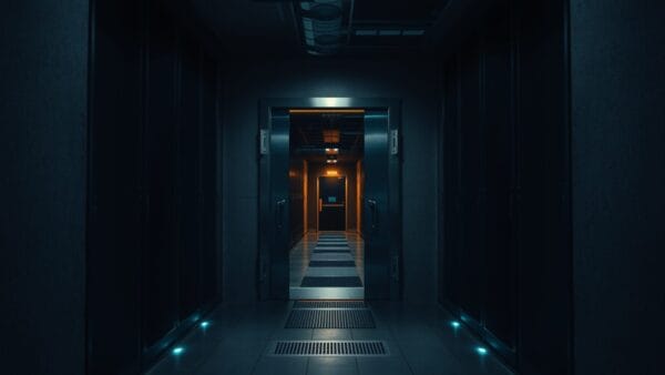 Porte de sécurité en acier entrouverte au bout d'un couloir de serveurs plongé dans l'ombre bleutée.