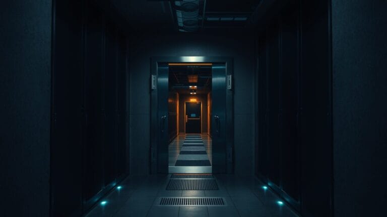 Porte de sécurité en acier entrouverte au bout d'un couloir de serveurs plongé dans l'ombre bleutée.