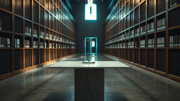 Balance en acier posée sur une table de marbre dans une salle d'archives sombre et silencieuse.
