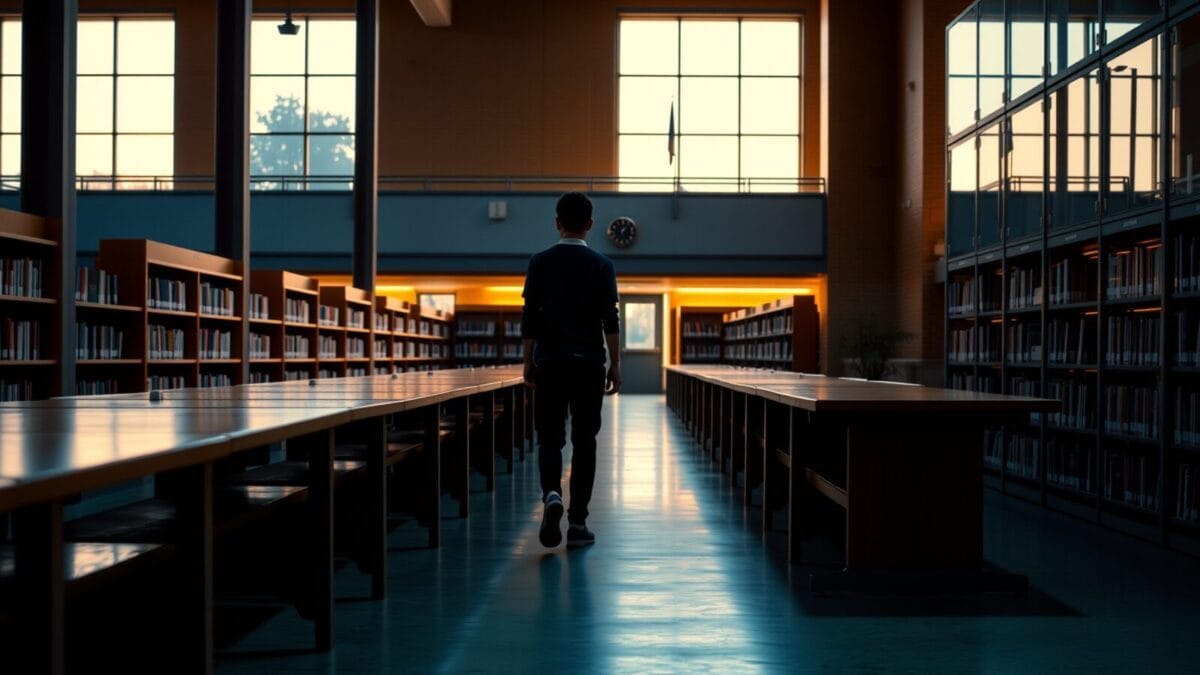 OpenAI défend l'accès des ados à une IA sécurisée 1 Silhouette d'un adolescent de dos dans une bibliothèque scolaire vide au crépuscule.