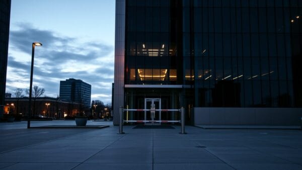 Façade en acier et verre sombre d'un siège d'entreprise au crépuscule, plaza déserte.