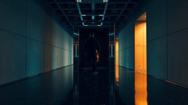 Baie de serveurs en acier entrouverte dans un couloir sombre, silhouette de technicien de dos au loin.