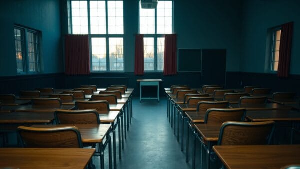 Salle de classe américaine vide au crépuscule, rangées de pupitres en bois face au bureau.