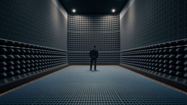 Chambre acoustique anéchoïque vide, silhouette d'un ingénieur de dos au fond de la salle.