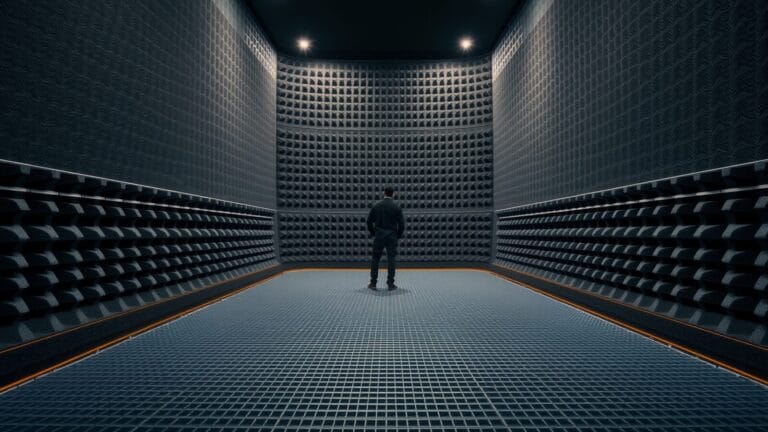 OpenAI prépare une « famille de dispositifs » pour son IA 7 Chambre acoustique anéchoïque vide, silhouette d'un ingénieur de dos au fond de la salle.