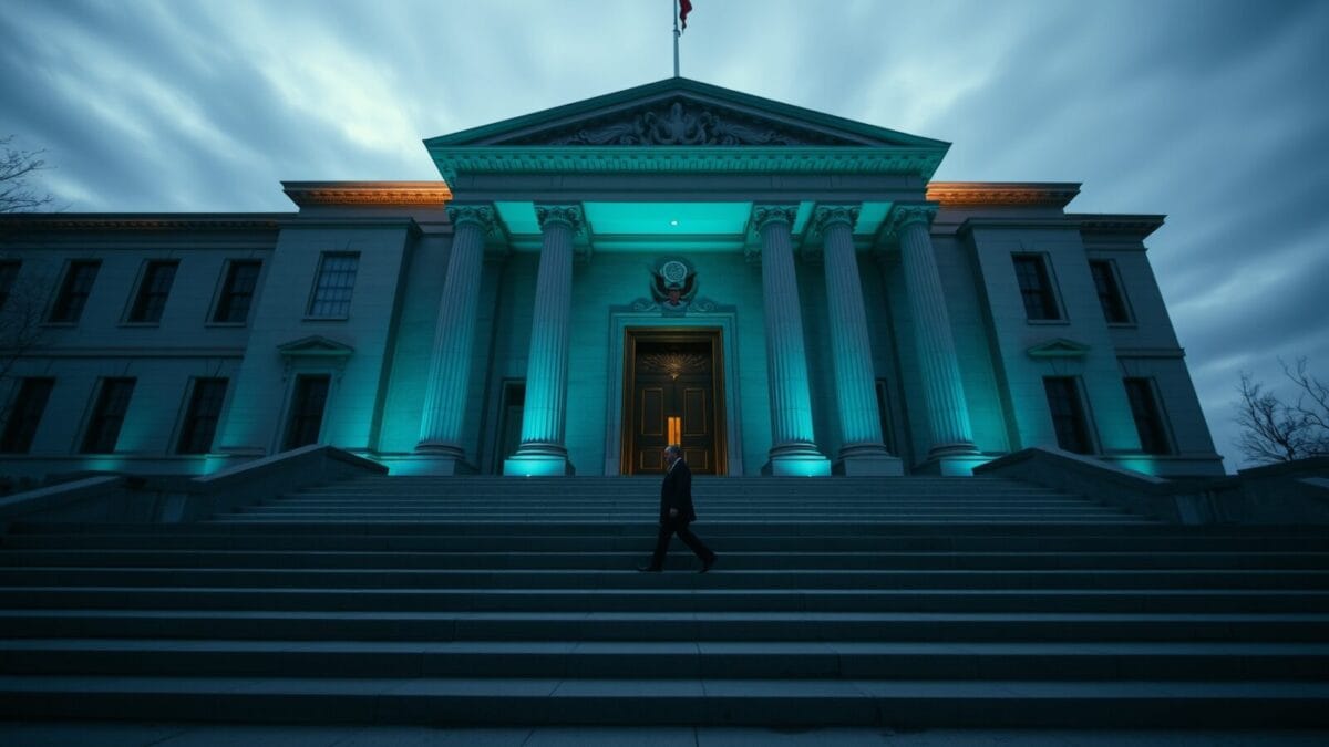 OpenAI propose de céder 5 % de son capital à un fonds souverain US 1 Façade d'un bâtiment fédéral au crépuscule, silhouette d'un officiel de dos montant les marches de pierre.