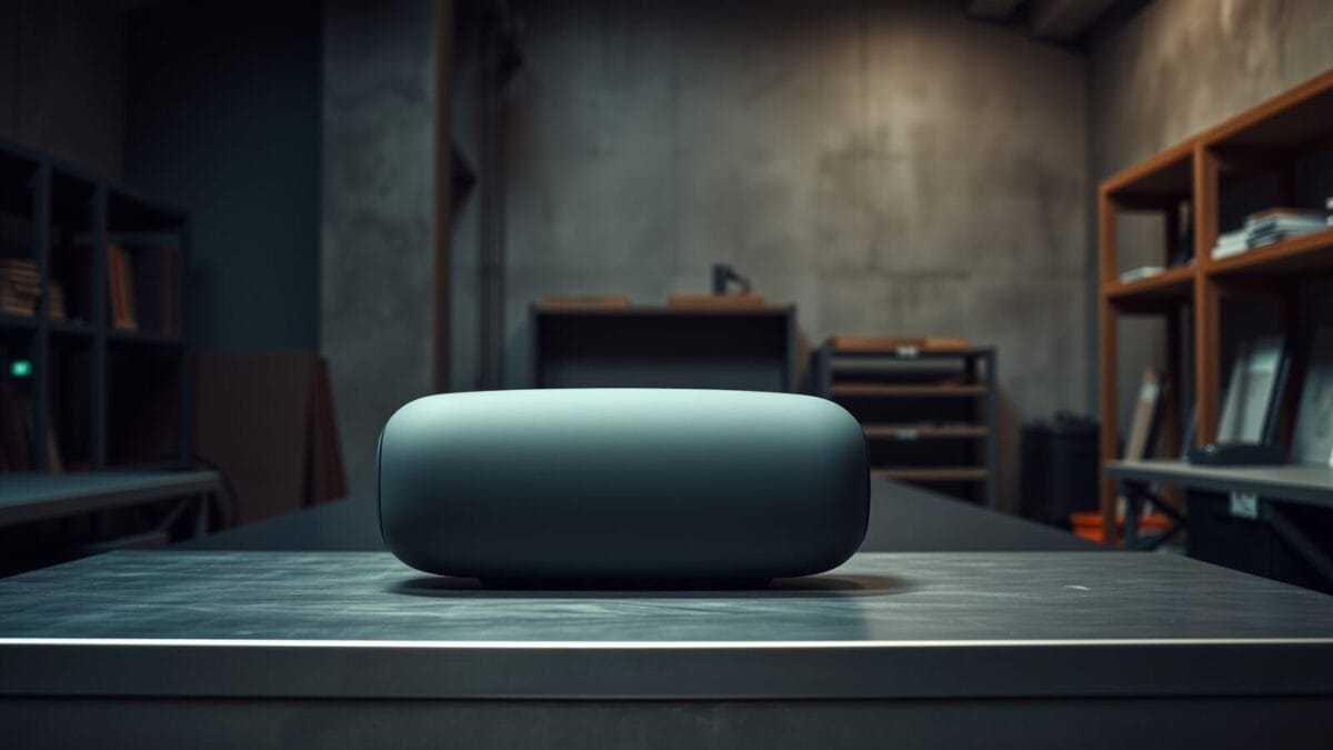 Un objet connecté mat posé sur un établi en acier dans un studio de design vide.