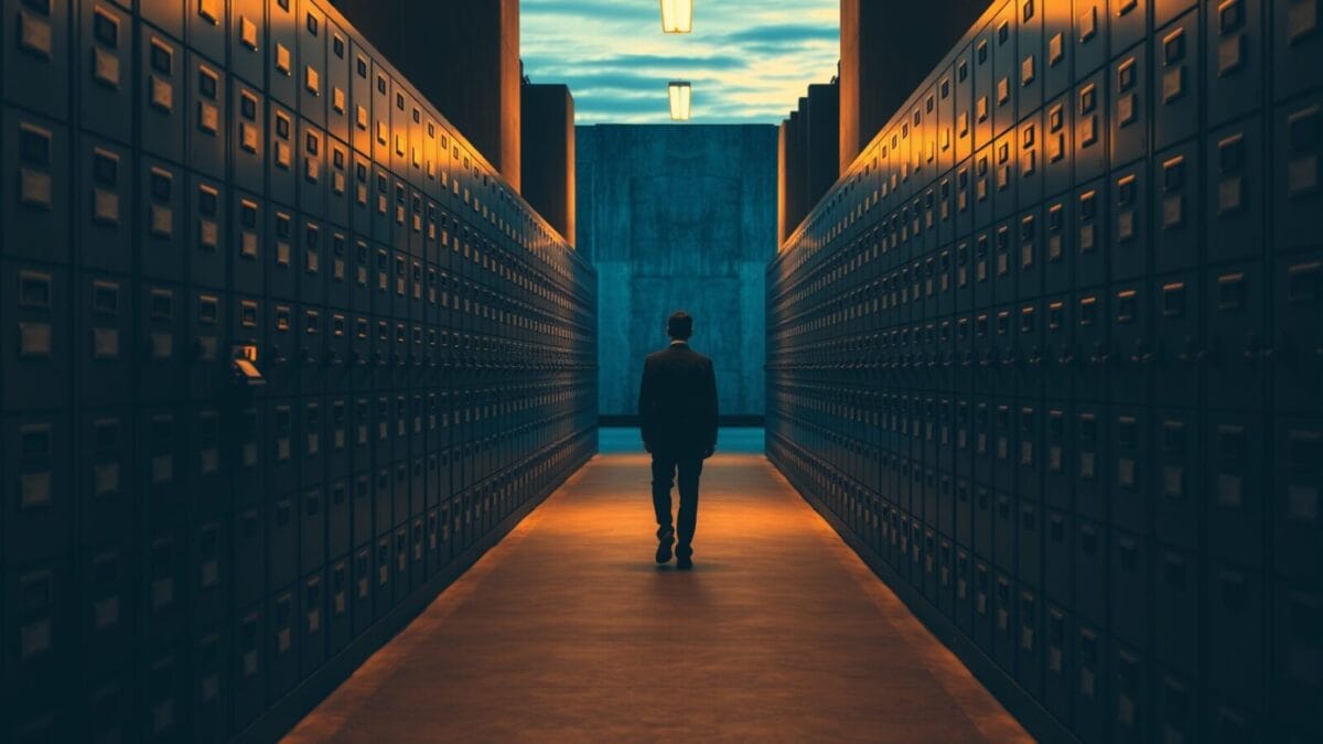 Palantir : 46 M$ cachés dans la stratégie IA canadienne 1 Long couloir d'archives gouvernementales au crépuscule, silhouette d'un fonctionnaire de dos au loin.