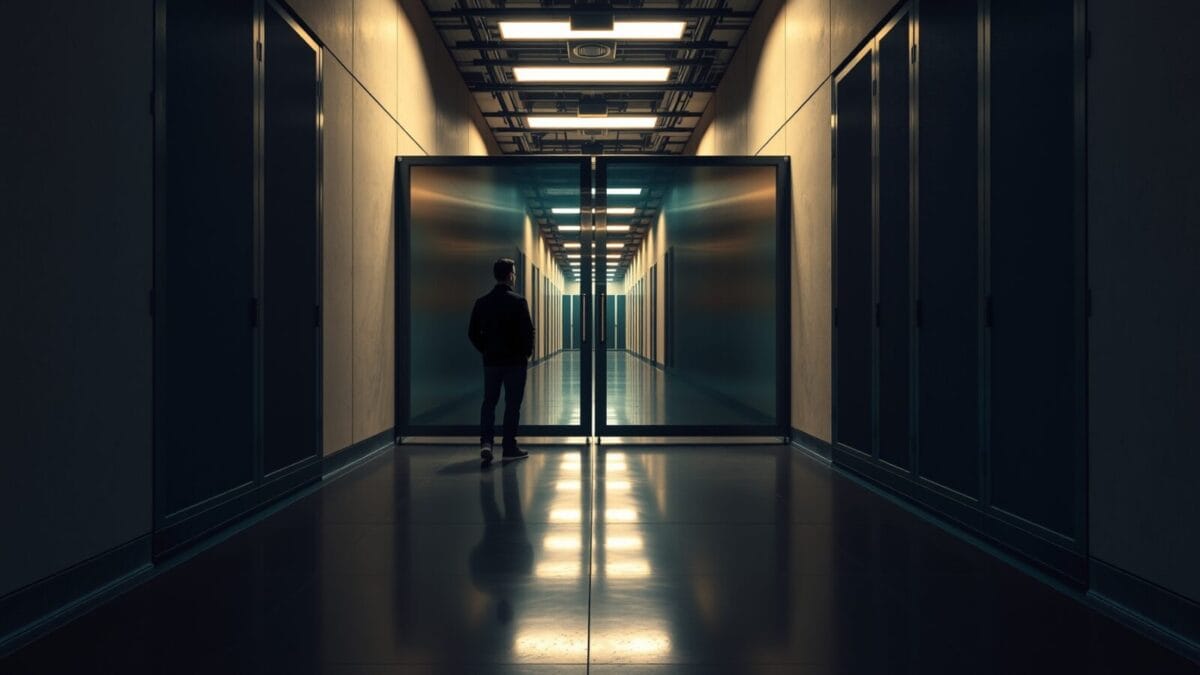 Portail d'acier fermé dans un couloir de serveurs, silhouette d'un technicien de dos au loin.