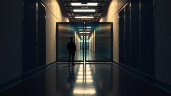 Portail d'acier fermé dans un couloir de serveurs, silhouette d'un technicien de dos au loin.