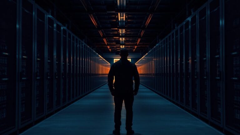 Salle de serveurs vide au crépuscule, technicien de dos au fond de l'allée