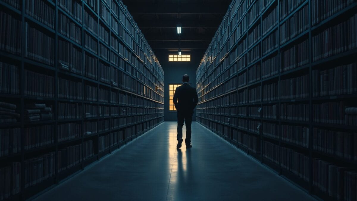 Silhouette d'un archiviste de dos dans les rayonnages sombres d'un dépôt de presse désert.