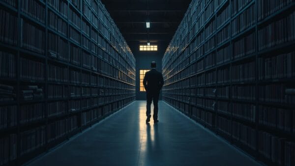 Silhouette d'un archiviste de dos dans les rayonnages sombres d'un dépôt de presse désert.