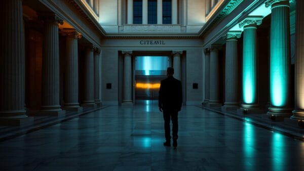 Rotonde vide d'un capitole d'État au crépuscule, silhouette de dos au loin