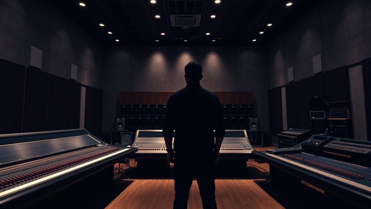 Régie de studio d'enregistrement vide au crépuscule, silhouette d'un ingénieur du son de dos.