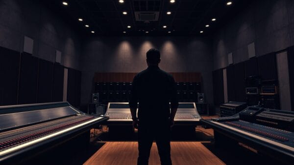 Régie de studio d'enregistrement vide au crépuscule, silhouette d'un ingénieur du son de dos.