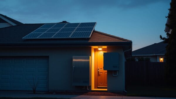 Maison résidentielle avec panneaux solaires et armoire technique en acier au crépuscule.