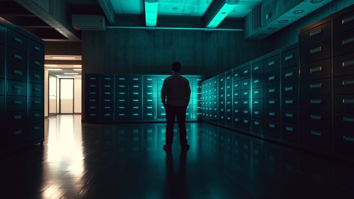 Sx 2.0 : partager les compétences IA via Dropbox 1 Tiroirs d'archives en acier brossé entrouverts dans une salle sombre, silhouette d'un travailleur de dos au loin.