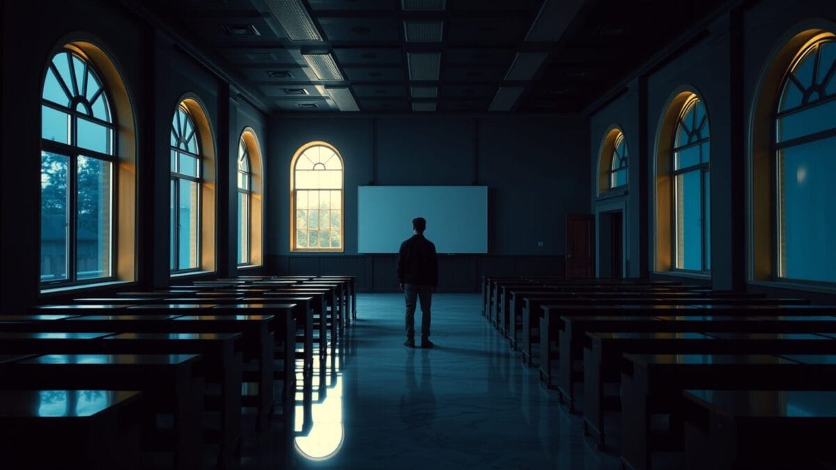 Amphithéâtre universitaire vide au crépuscule, silhouette d'un étudiant de dos près de la sortie.