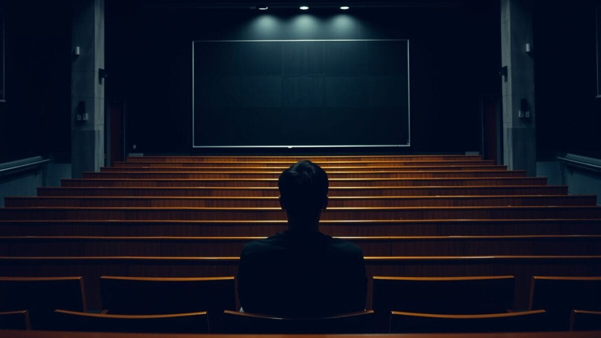 Amphithéâtre d'ingénierie vide vu du fond, silhouette d'un étudiant assis au loin de dos.