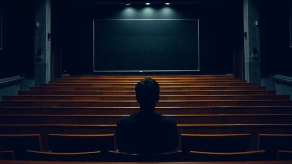 Amphithéâtre d'ingénierie vide vu du fond, silhouette d'un étudiant assis au loin de dos.
