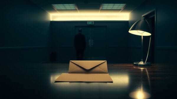 Une enveloppe cachetée posée sur un bureau en bois sombre dans un bureau vide au crépuscule.