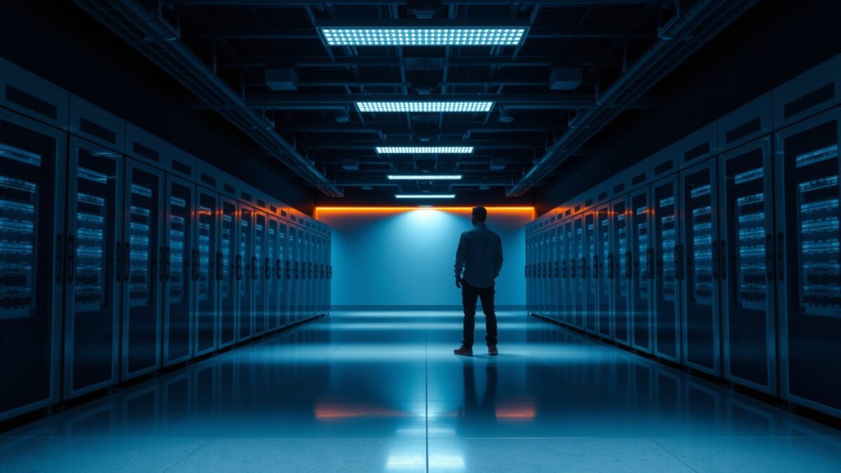 Zuckerberg : les agents IA n'ont pas progressé comme prévu 1 Salle de contrôle d'un centre de données vide au crépuscule, silhouette d'un technicien de dos au loin.