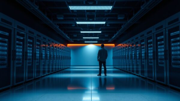 Salle de contrôle d'un centre de données vide au crépuscule, silhouette d'un technicien de dos au loin.