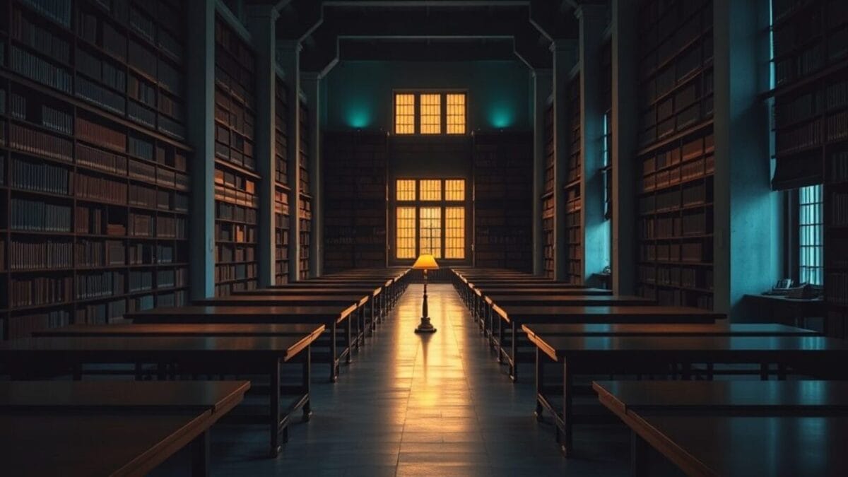 Grande salle de lecture institutionnelle vide au crépuscule, longues tables de bois sombre et rayonnages.