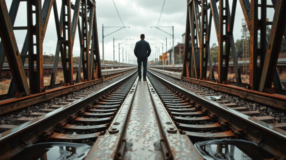 Un aiguillage ferroviaire se divisant en deux voies, silhouette au loin sur un quai sous ciel gris.