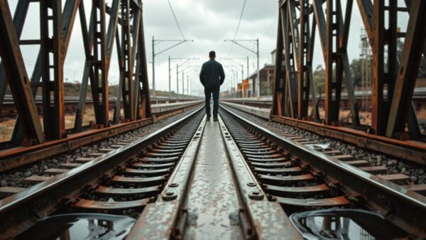 Un aiguillage ferroviaire se divisant en deux voies, silhouette au loin sur un quai sous ciel gris.