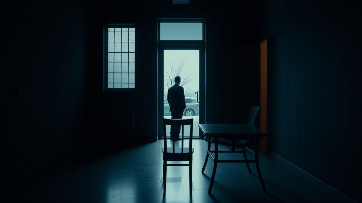 13 % se confient à l'IA en crise. Elle n'est pas prête. 1 Une chaise vide près d'une table dans une pièce sombre, silhouette de dos au loin près de la porte.