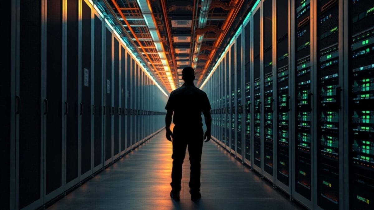 Couloir de datacenter avec racks de serveurs et câblage réseau dense, silhouette d'un technicien au loin.