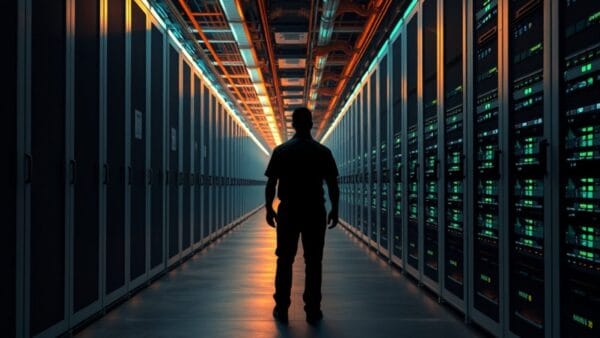 Couloir de datacenter avec racks de serveurs et câblage réseau dense, silhouette d'un technicien au loin.