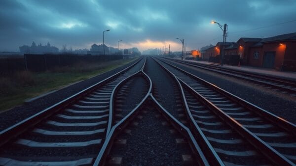 Une bifurcation de rails en acier à la tombée du jour, une voie plongeant dans le brouillard.