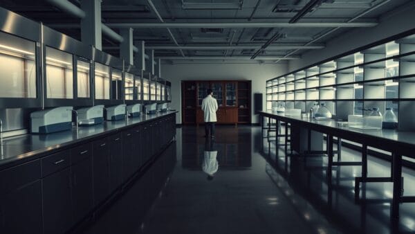 Laboratoire de recherche silencieux au crépuscule, paillasses vides et chercheur de dos au loin.